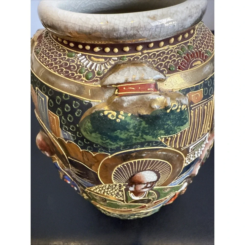 Antique Japanese Intricate Raised Enamel Moriage Satsuma Vase 6 Immortals Dragon